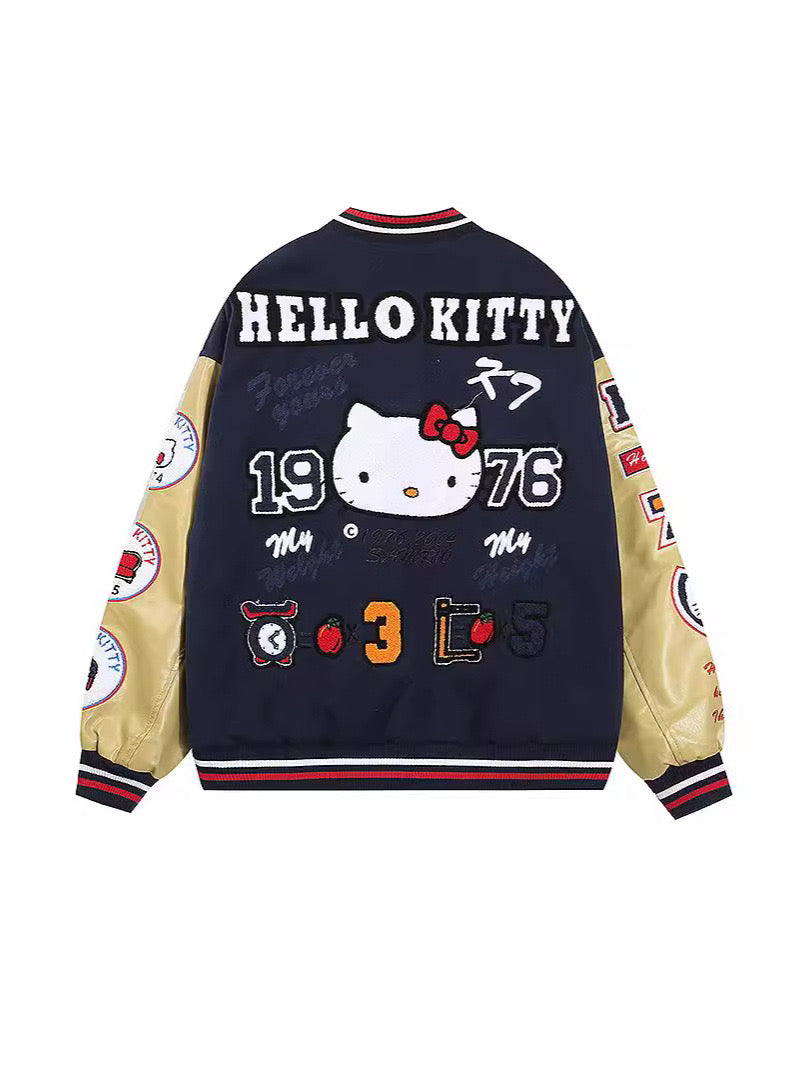 Hellokitty Varsity Jacket Baseball Bomber Jacket Vintage Unisex Streetwear Coats with Patchwork Hipster Utility Tops