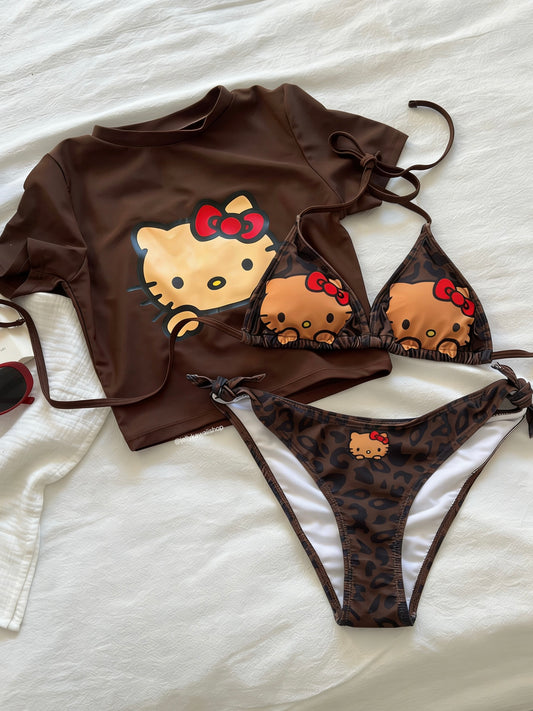 Hellokitty Women's 3 Piece Swimsuit Halter String Bikini Tie Side Mesh Short Sleeve Bathing Suits