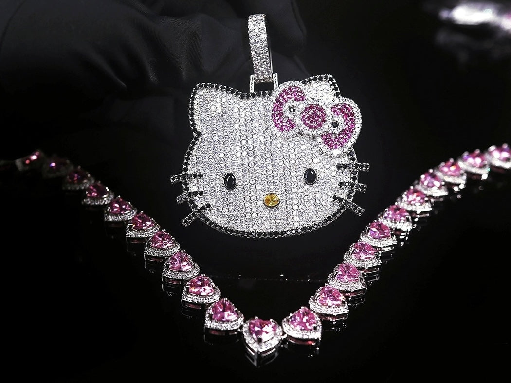 Hellokitty Sparkly Necklace Shiny Rhinestone Chunky Chain Necklace Punk Rock Style Costume Jewelry（Velvet Gift Box Packing）