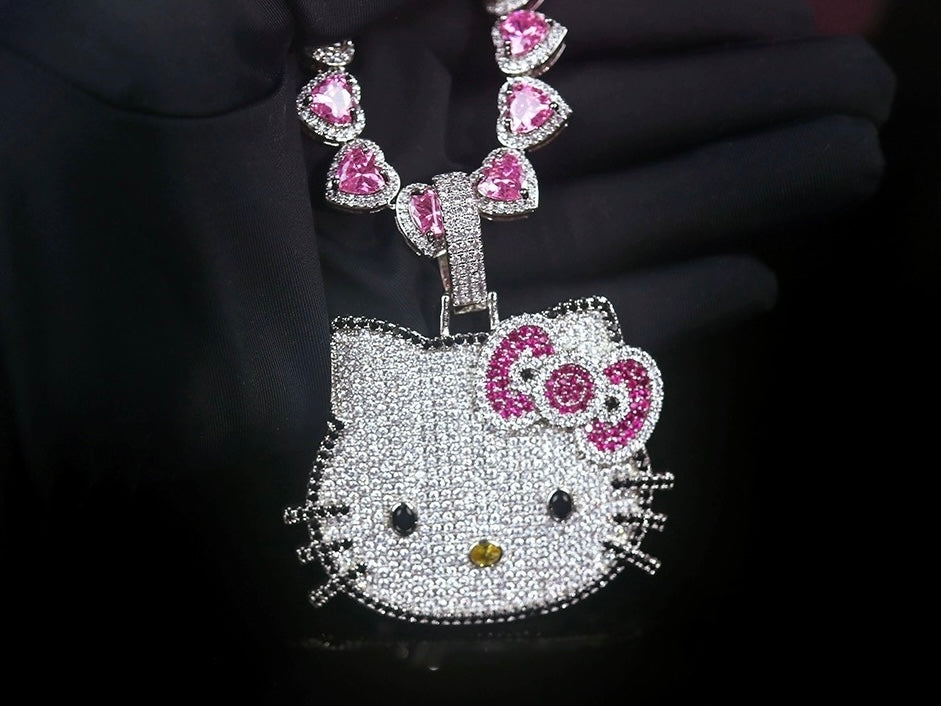 Hellokitty Sparkly Necklace Shiny Rhinestone Chunky Chain Necklace Punk Rock Style Costume Jewelry（Velvet Gift Box Packing）