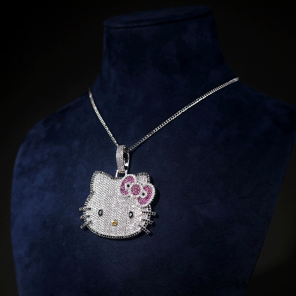 Hellokitty Sparkly Necklace Shiny Rhinestone Chunky Chain Necklace Punk Rock Style Costume Jewelry（Velvet Gift Box Packing）