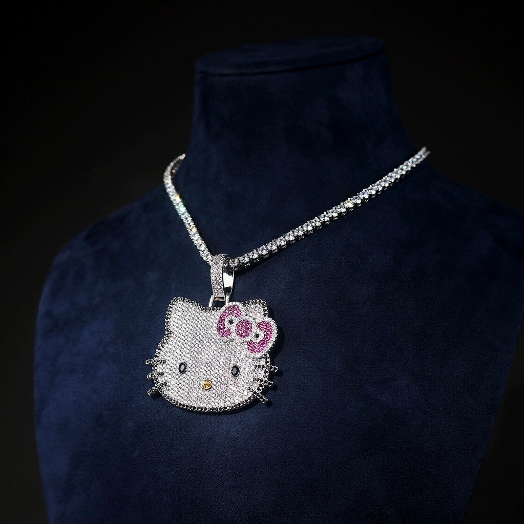 Hellokitty Sparkly Necklace Shiny Rhinestone Chunky Chain Necklace Punk Rock Style Costume Jewelry（Velvet Gift Box Packing）