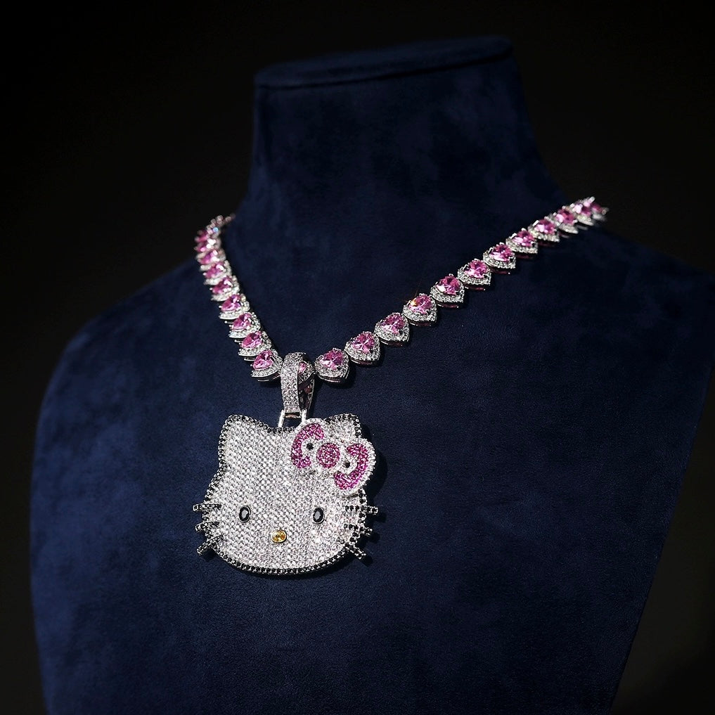 Hellokitty Sparkly Necklace Shiny Rhinestone Chunky Chain Necklace Punk Rock Style Costume Jewelry（Velvet Gift Box Packing）