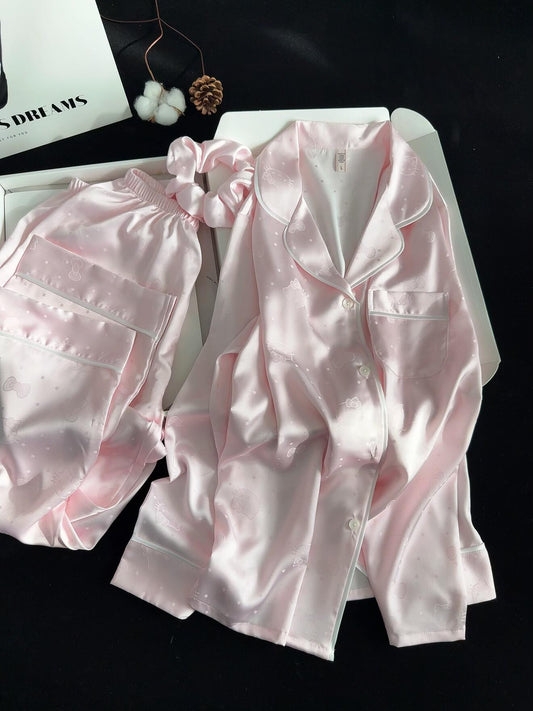 Hellokitty Pink Slik Pajamas Set Long Sleeve Sleepwear Button Down Nightwear Soft Pj Lounge Sets