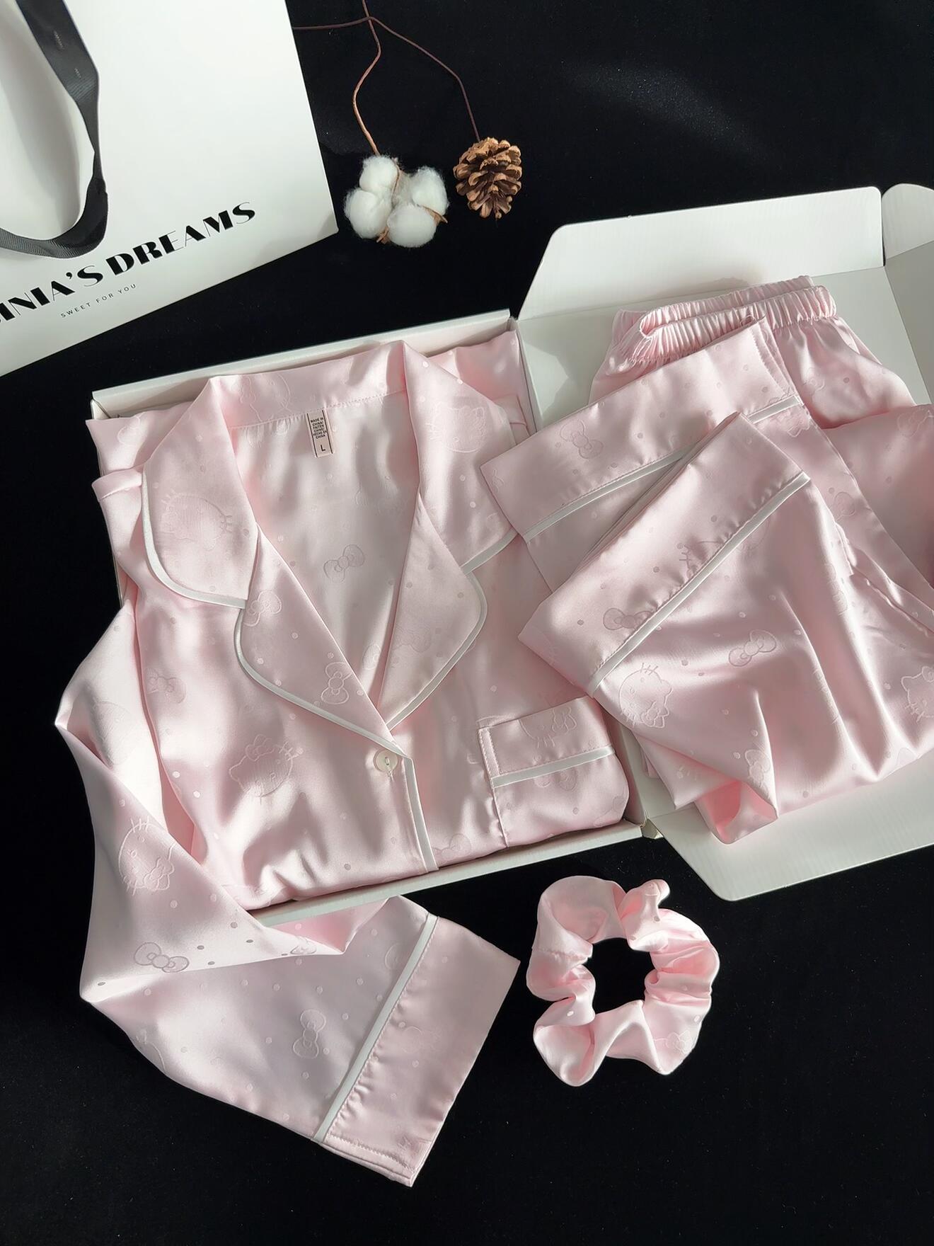 Hellokitty Pink Slik Pajamas Set Long Sleeve Sleepwear Button Down Nightwear Soft Pj Lounge Sets