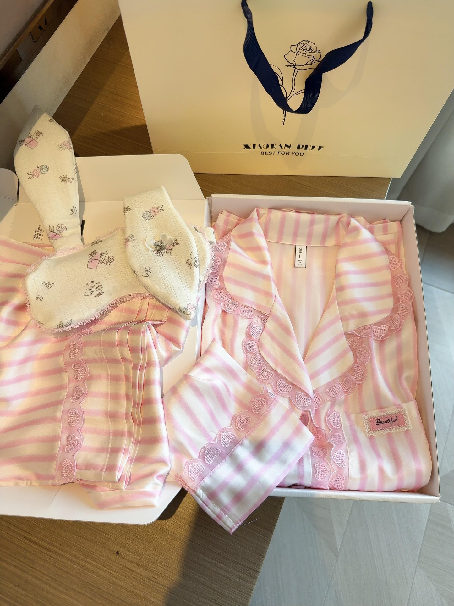 Girly Striped Heart Lace Slik Stain Pajamas Set Long Sleeve Sleepwear Button Down Nightwear Soft Pj Lounge Sets