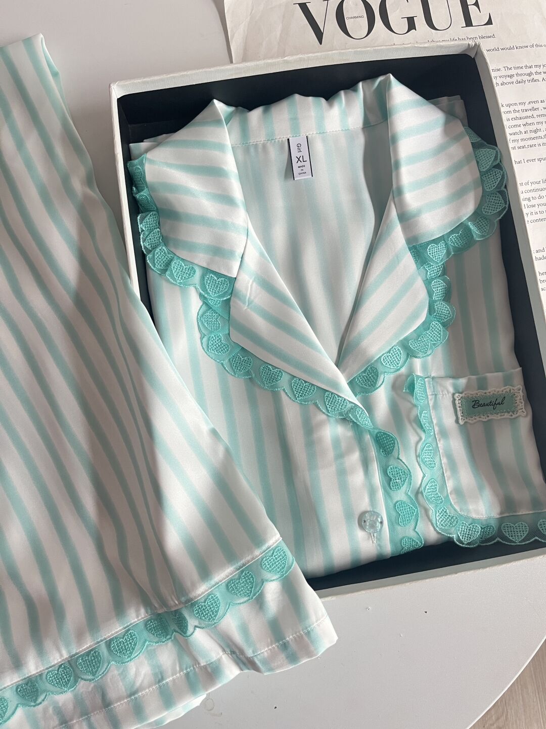 Girly Striped Heart Lace Slik Stain Pajamas Set Long Sleeve Sleepwear Button Down Nightwear Soft Pj Lounge Sets