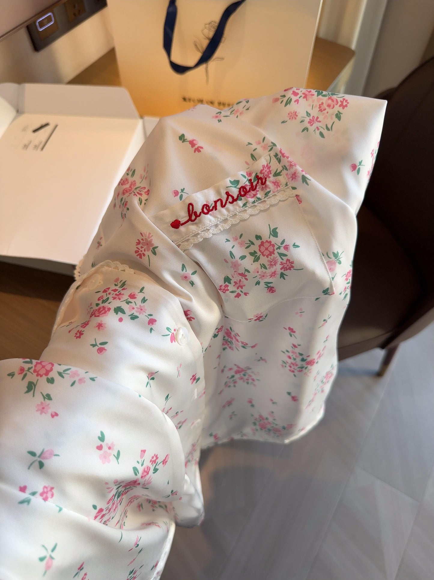 Girly Floral Print Slik Stain Pajamas Set Long Sleeve Sleepwear Button Down Nightwear Soft Pj Lounge Sets