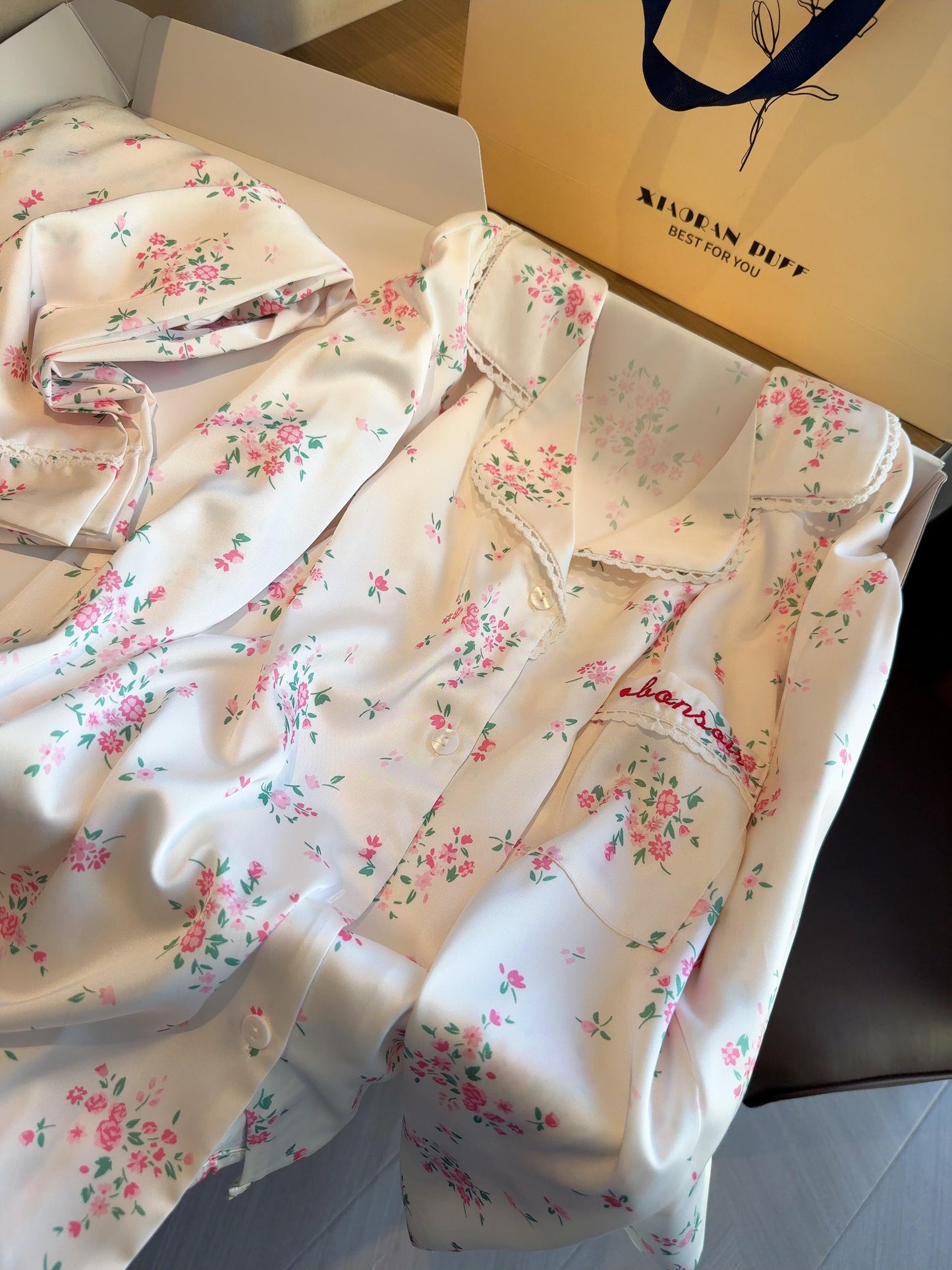 Girly Floral Print Slik Stain Pajamas Set Long Sleeve Sleepwear Button Down Nightwear Soft Pj Lounge Sets