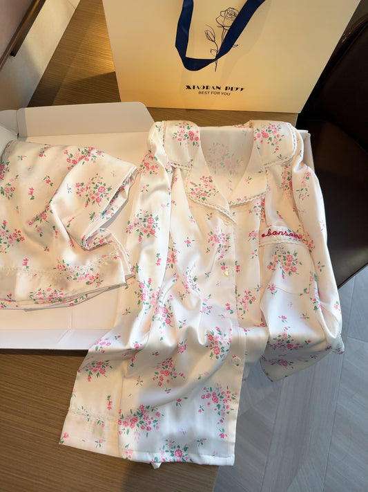 Girly Floral Print Slik Stain Pajamas Set Long Sleeve Sleepwear Button Down Nightwear Soft Pj Lounge Sets