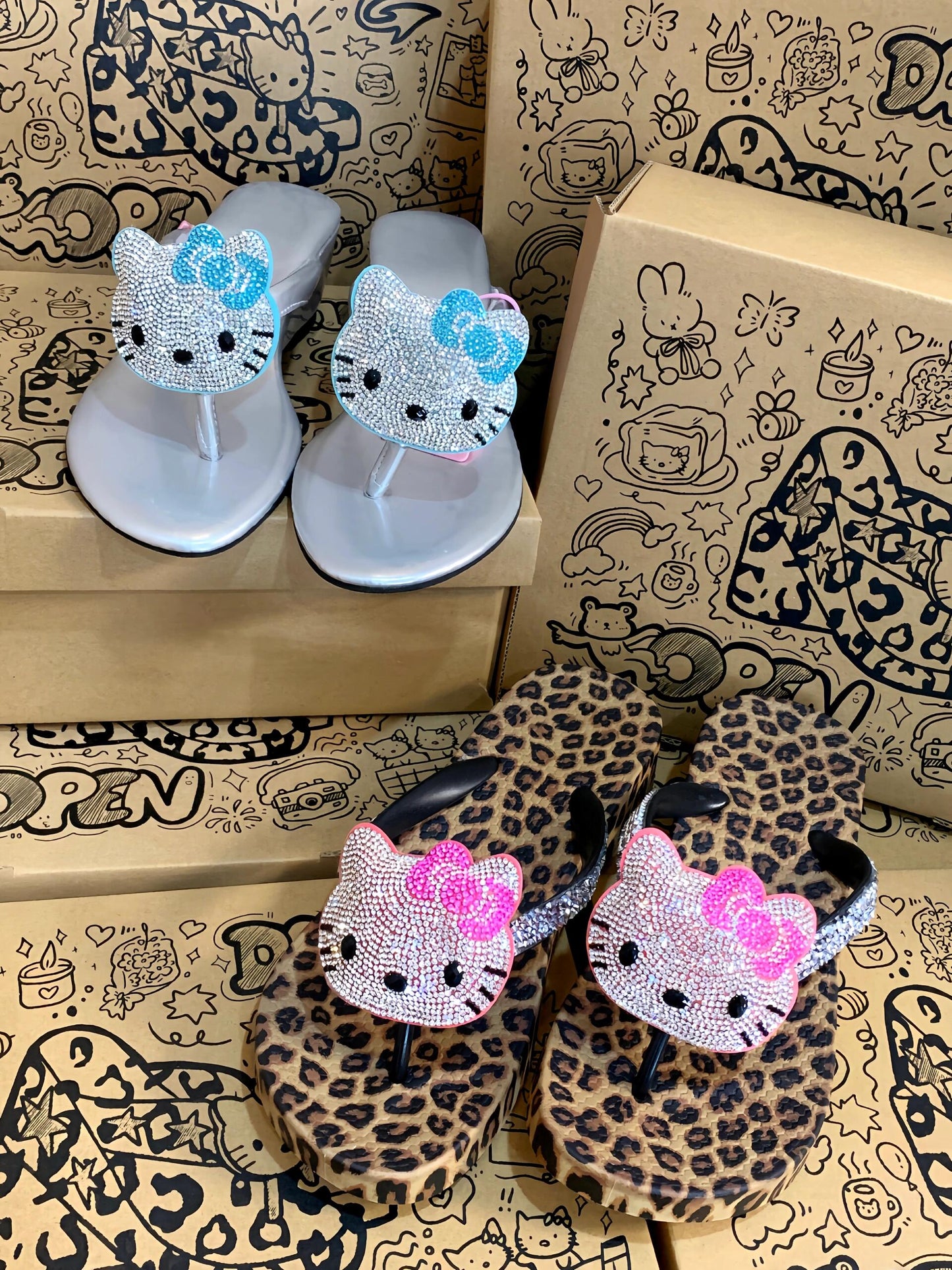 Hellokitty Handmade Rhinestone Leopard Print Women's Sandals Cute Slippers Non-Slip Flip Flops Low-Heeled Slippers（Customized Shoebox Packaging）