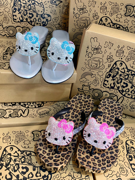 Hellokitty Handmade Rhinestone Leopard Print Women's Sandals Cute Slippers Non-Slip Flip Flops Low-Heeled Slippers（Customized Shoebox Packaging）