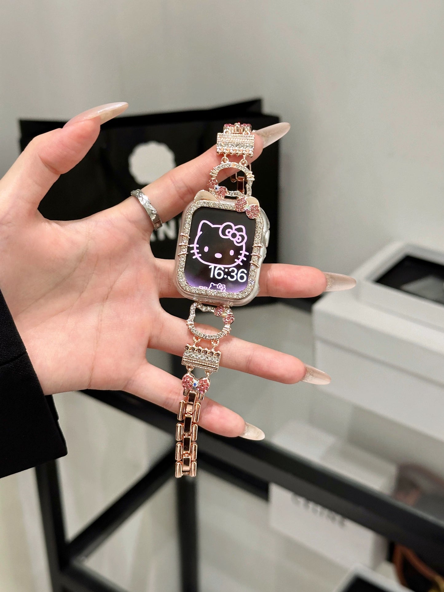 Hellokitty Apple Watch Band Bling Diamond Jewelry Metal Strap Bands with Crystal Tempered Glass Screen Protector Case, Round Shiny Bracelet Wristband for iWatch Series