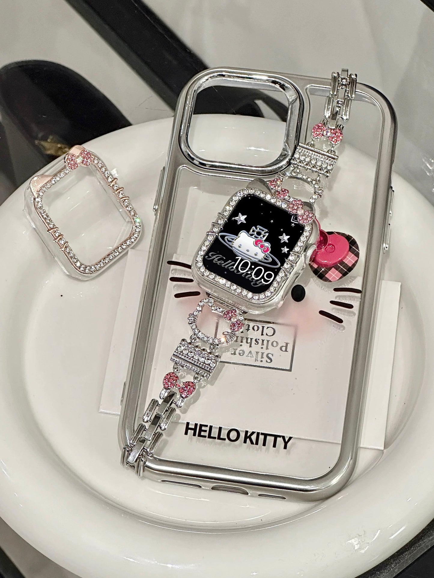 Hellokitty Apple Watch Band Bling Diamond Jewelry Metal Strap Bands with Crystal Tempered Glass Screen Protector Case, Round Shiny Bracelet Wristband for iWatch Series