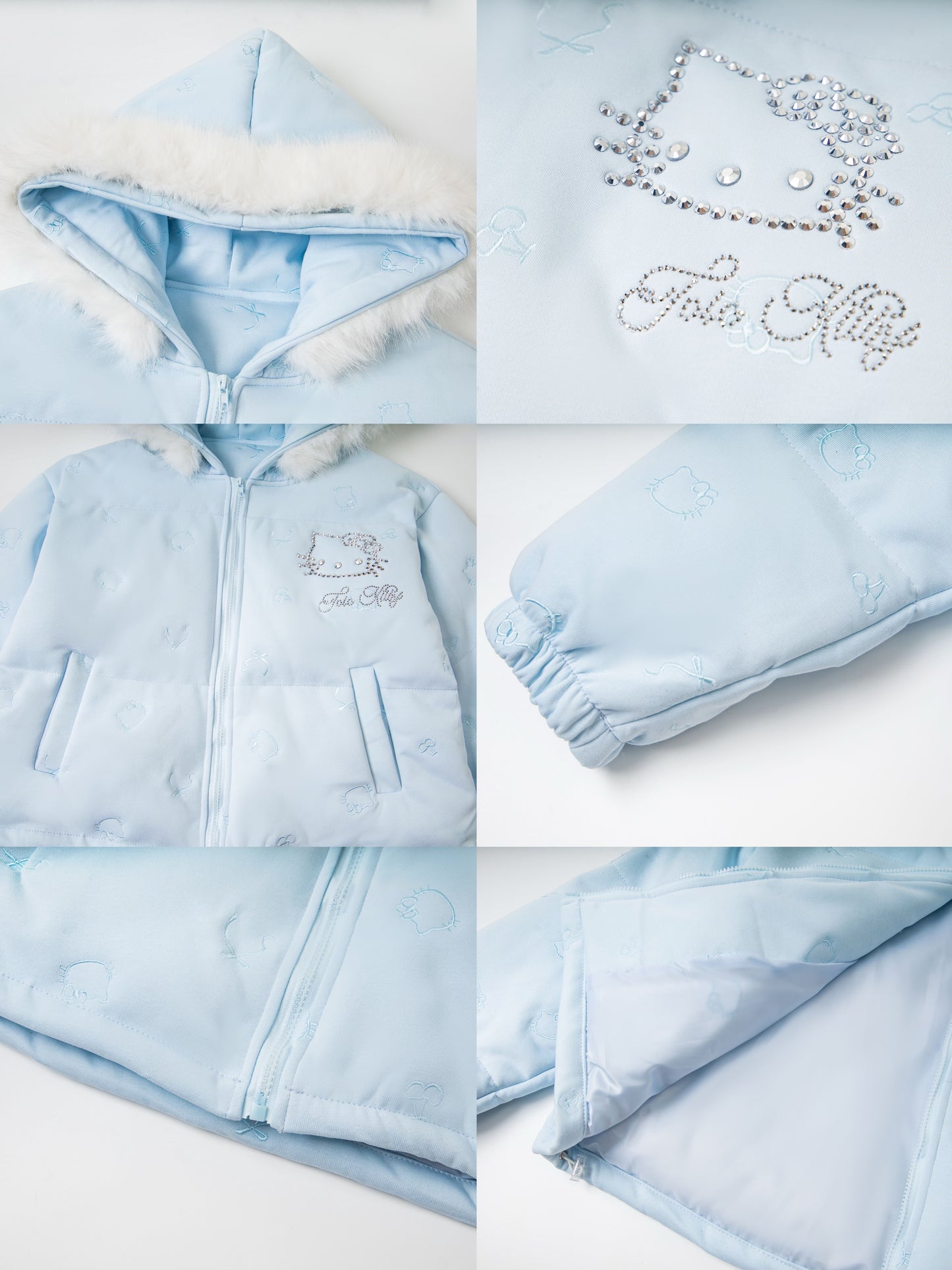 Hellokitty Winter Long Sleeve Zip Hooded Puffer Jacket Pockets Baggy Short Down Coat（Detachable hat fringe）