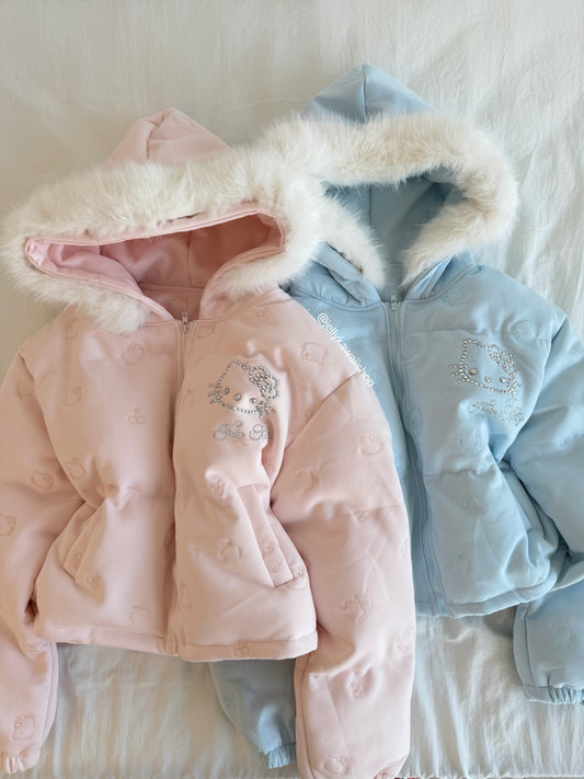 Hellokitty Winter Long Sleeve Zip Hooded Puffer Jacket Pockets Baggy Short Down Coat（Detachable hat fringe）