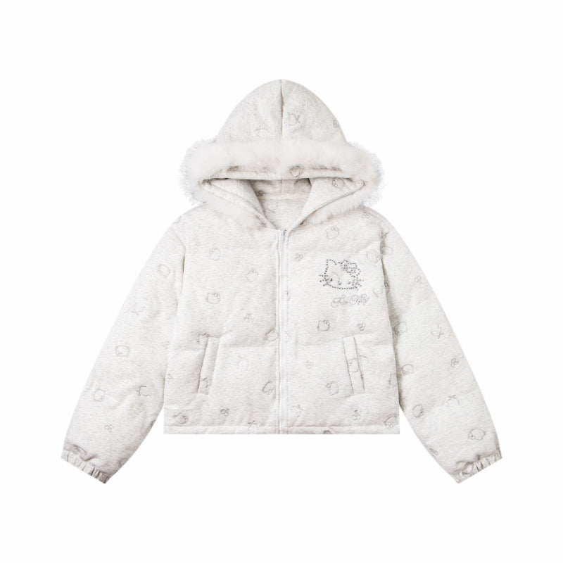 Hellokitty Winter Long Sleeve Zip Hooded Puffer Jacket Pockets Baggy Short Down Coat（Detachable hat fringe）