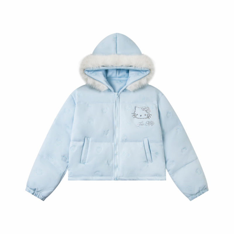 Hellokitty Winter Long Sleeve Zip Hooded Puffer Jacket Pockets Baggy Short Down Coat（Detachable hat fringe）