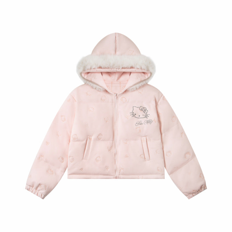 Hellokitty Winter Long Sleeve Zip Hooded Puffer Jacket Pockets Baggy Short Down Coat（Detachable hat fringe）