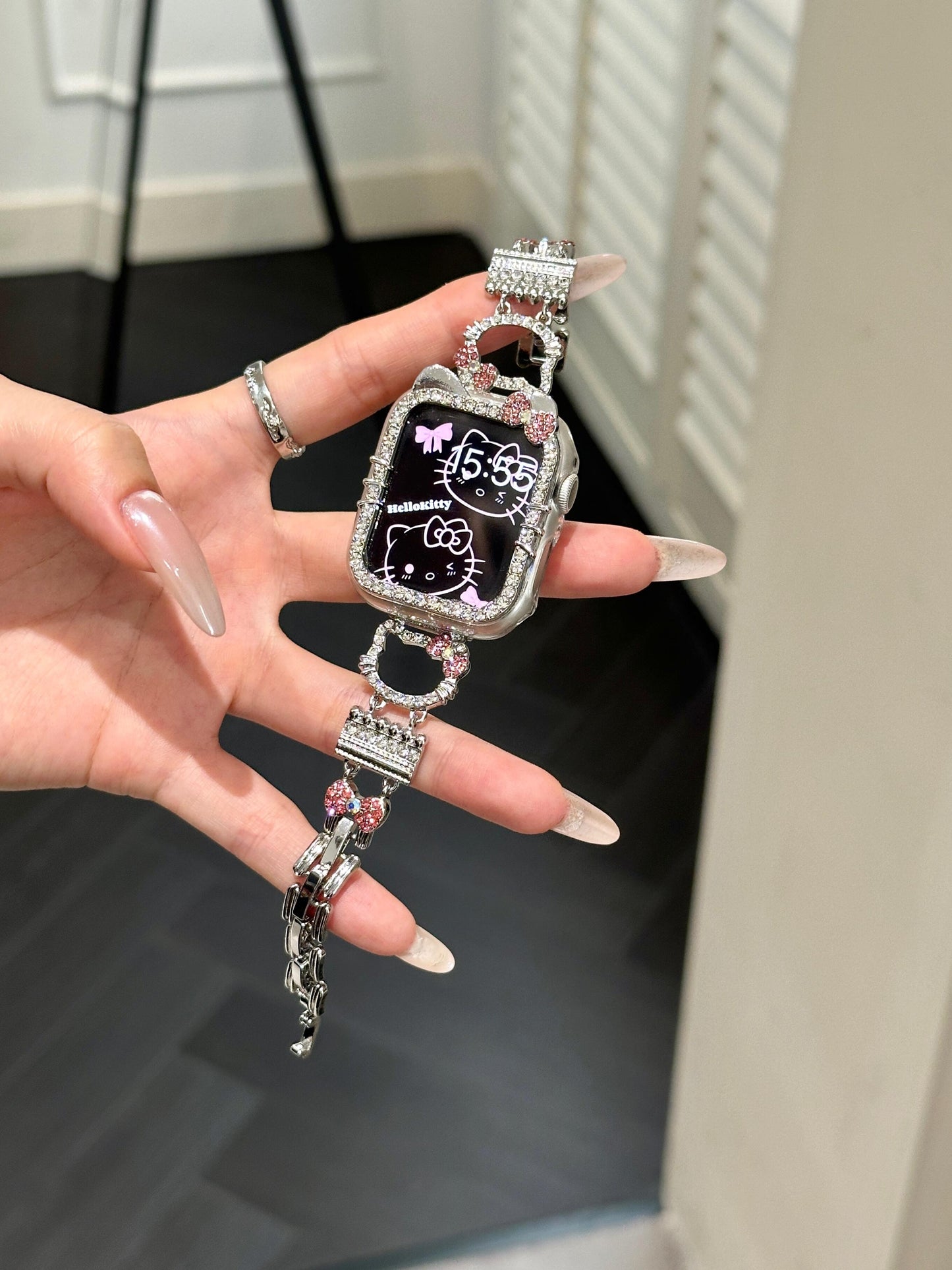 Hellokitty Apple Watch Band Bling Diamond Jewelry Metal Strap Bands with Crystal Tempered Glass Screen Protector Case, Round Shiny Bracelet Wristband for iWatch Series