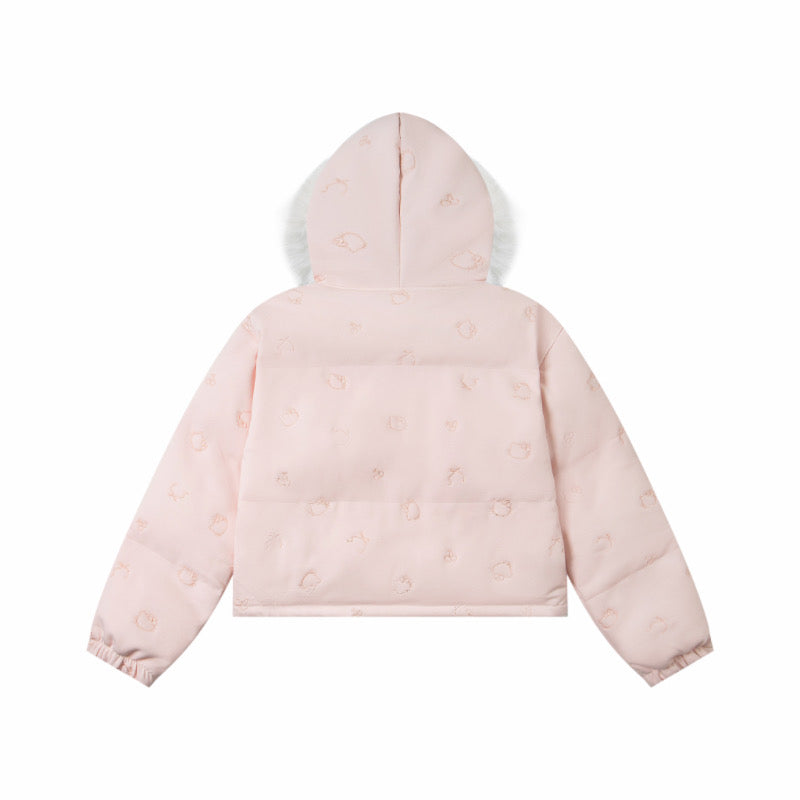 Hellokitty Winter Long Sleeve Zip Hooded Puffer Jacket Pockets Baggy Short Down Coat（Detachable hat fringe）