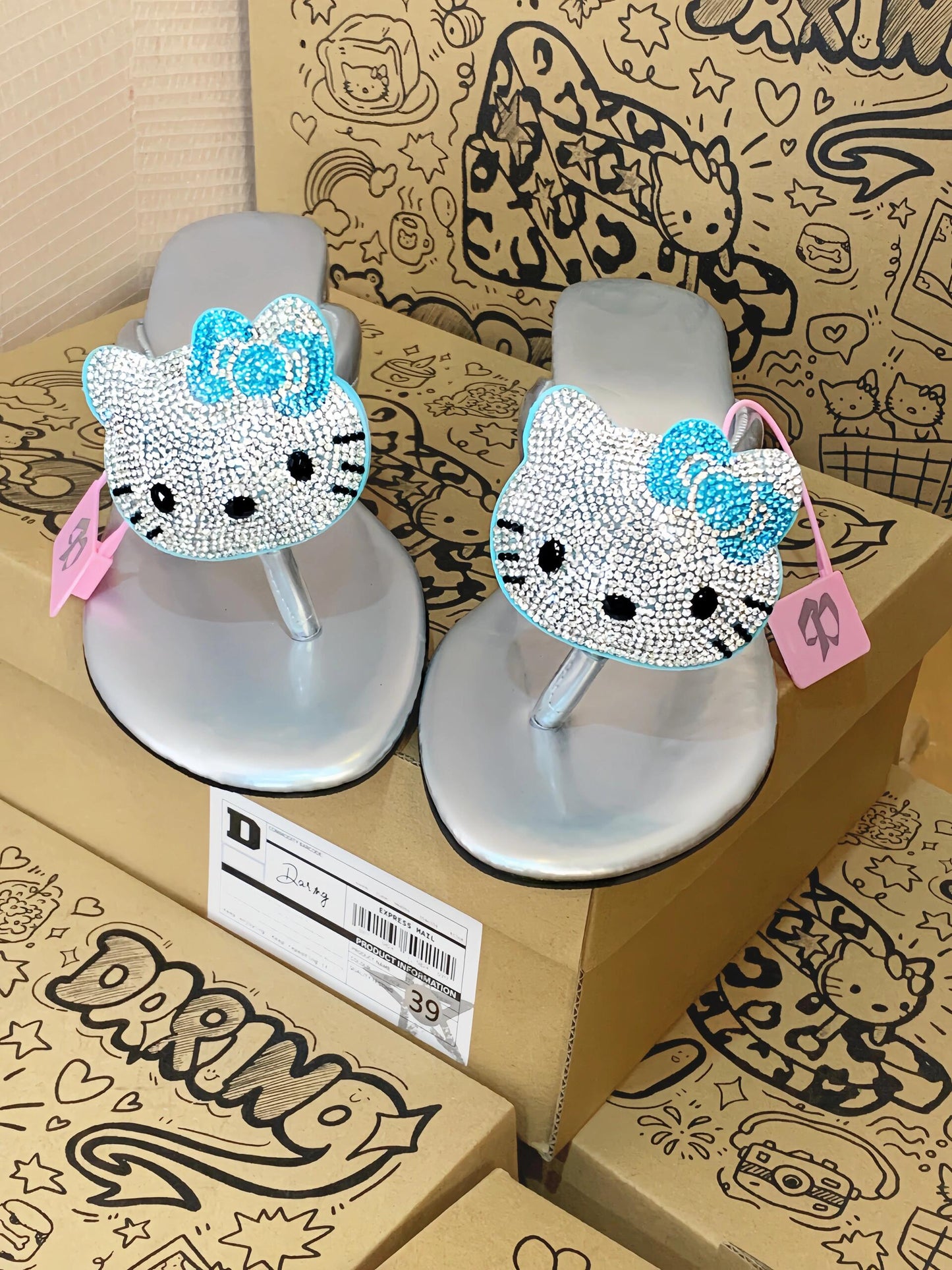 Hellokitty Handmade Rhinestone Leopard Print Women's Sandals Cute Slippers Non-Slip Flip Flops Low-Heeled Slippers（Customized Shoebox Packaging）