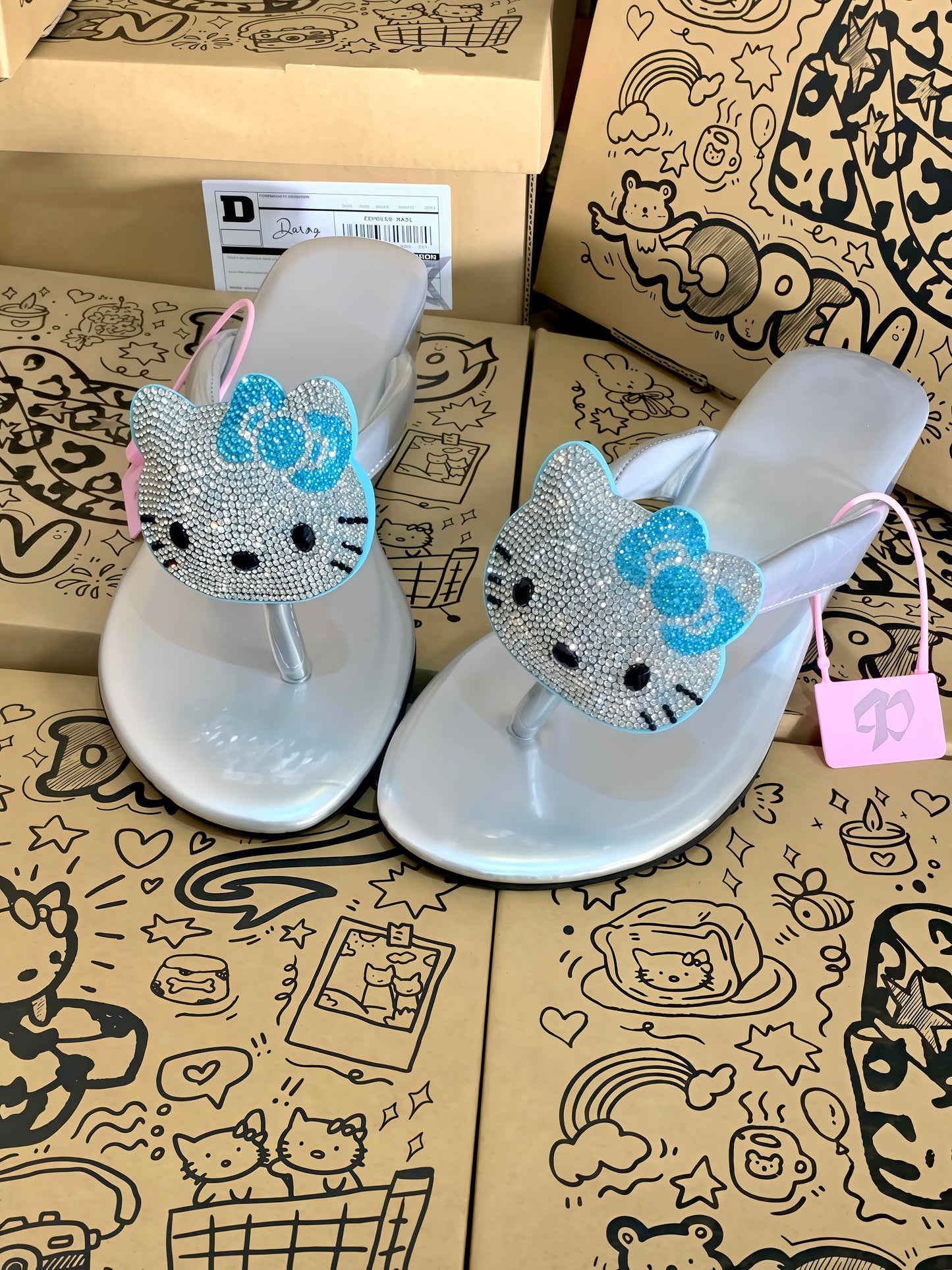 Hellokitty Handmade Rhinestone Leopard Print Women's Sandals Cute Slippers Non-Slip Flip Flops Low-Heeled Slippers（Customized Shoebox Packaging）