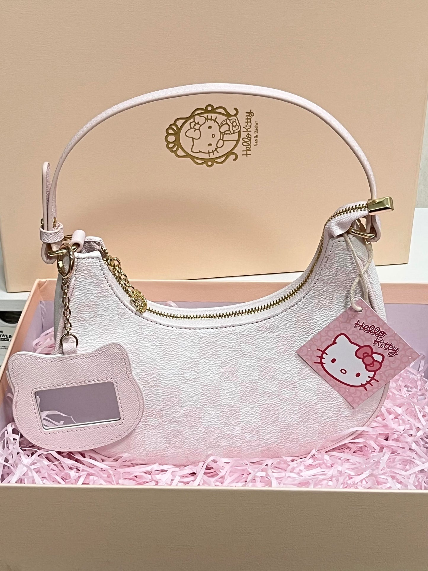 Hellokitty Pink Clutch Tote Handbags With Mirrored Bag Charms Zipper Closure Crossbody Bags Shoulder Purse Handbag for Women