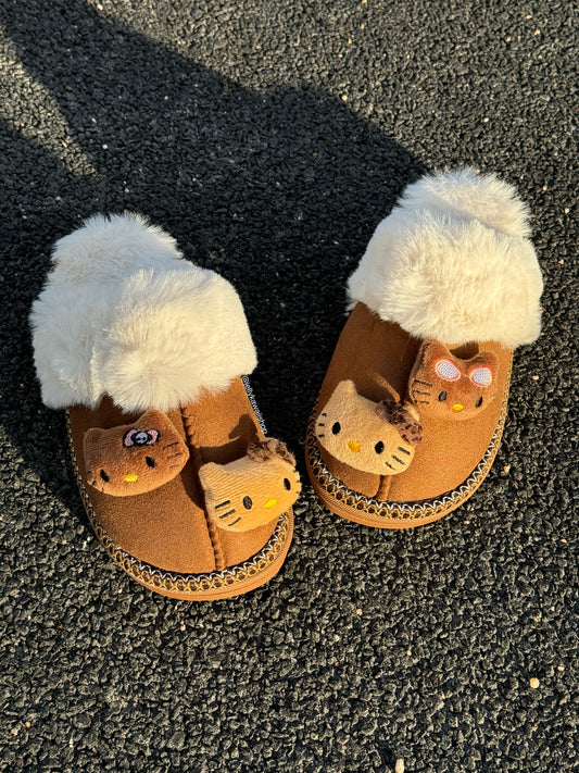 Hellokitty Fuzzy Brown Slippers Fluffy Winter House Shoes Indoor and Outdoor