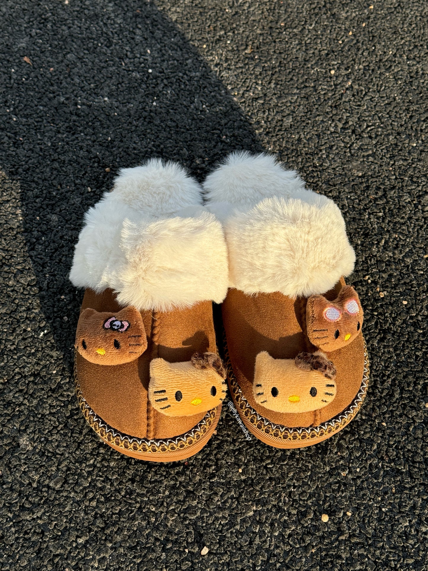 Hellokitty Fuzzy Brown Slippers Fluffy Winter House Shoes Indoor and Outdoor