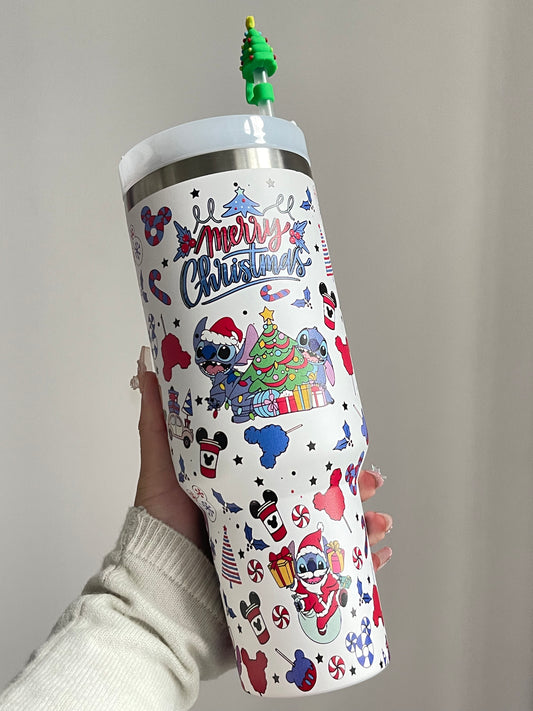 SipSweetie｜Stitch Christmas In-Car Insulated Cup 1200 ml Tumbler with Handle Stainless Steel Insulated Cup with Lid #0004