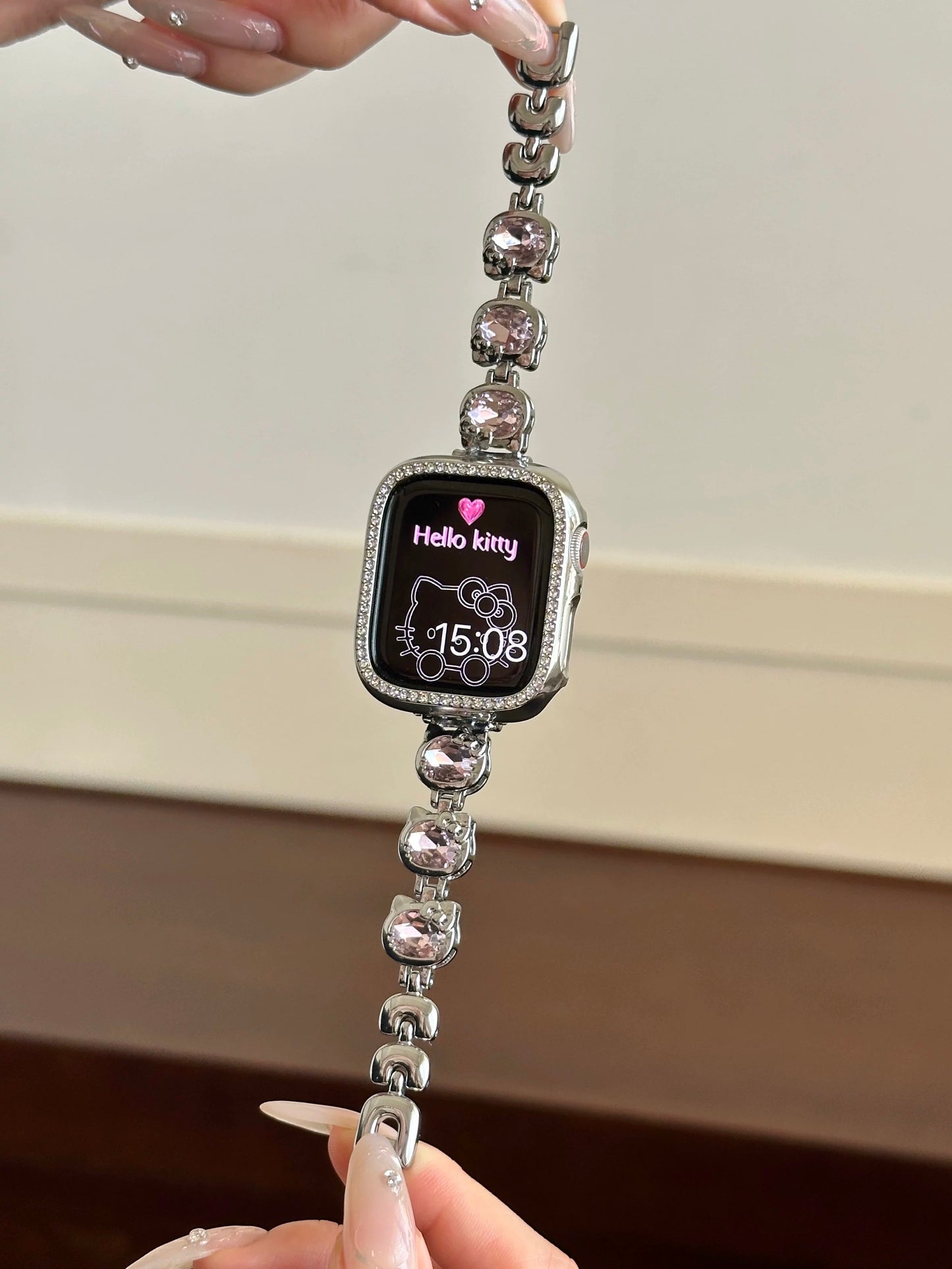 Hellokitty Apple Watch Band Diamond Jewelry Metal Strap Bands with Crystal Tempered Glass Screen Protector Case Round Shiny Bracelet Wristband for iWatch Series