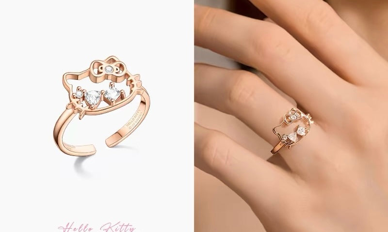 Hellokitty Hollow-cut Zirconia Rose Gold Color Silver Open Ring（gift box packaging）