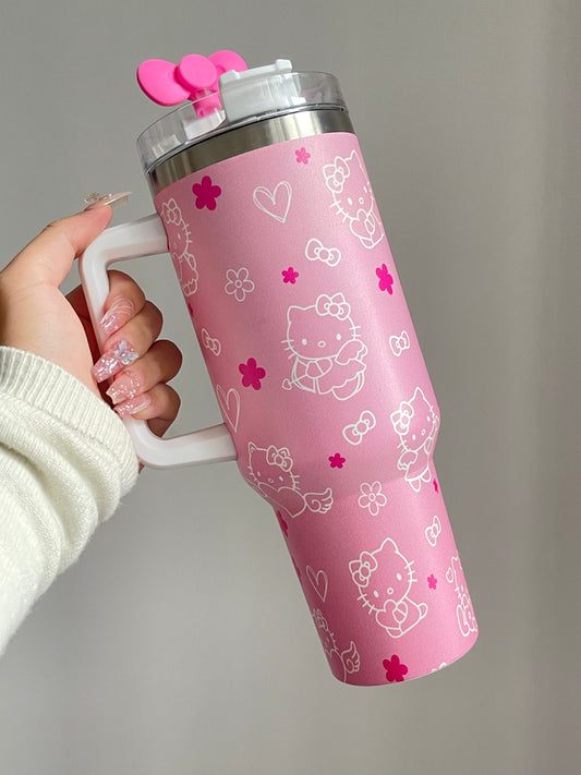 SipSweetie｜Hellokitty Pink In-Car Insulated Cup 1200 ml Tumbler with Handle Stainless Steel Insulated Cup with Lid #0019