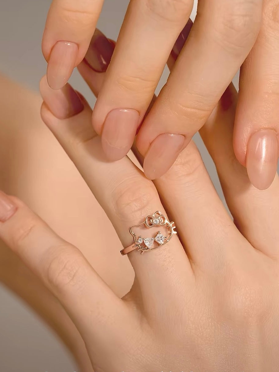 Hellokitty Hollow-cut Zirconia Rose Gold Color Silver Open Ring（gift box packaging）