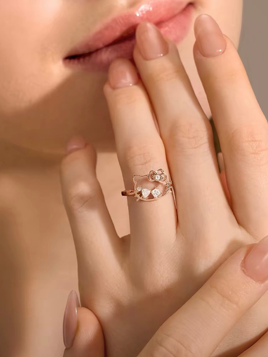 Hellokitty Hollow-cut Zirconia Rose Gold Color Silver Open Ring（gift box packaging）