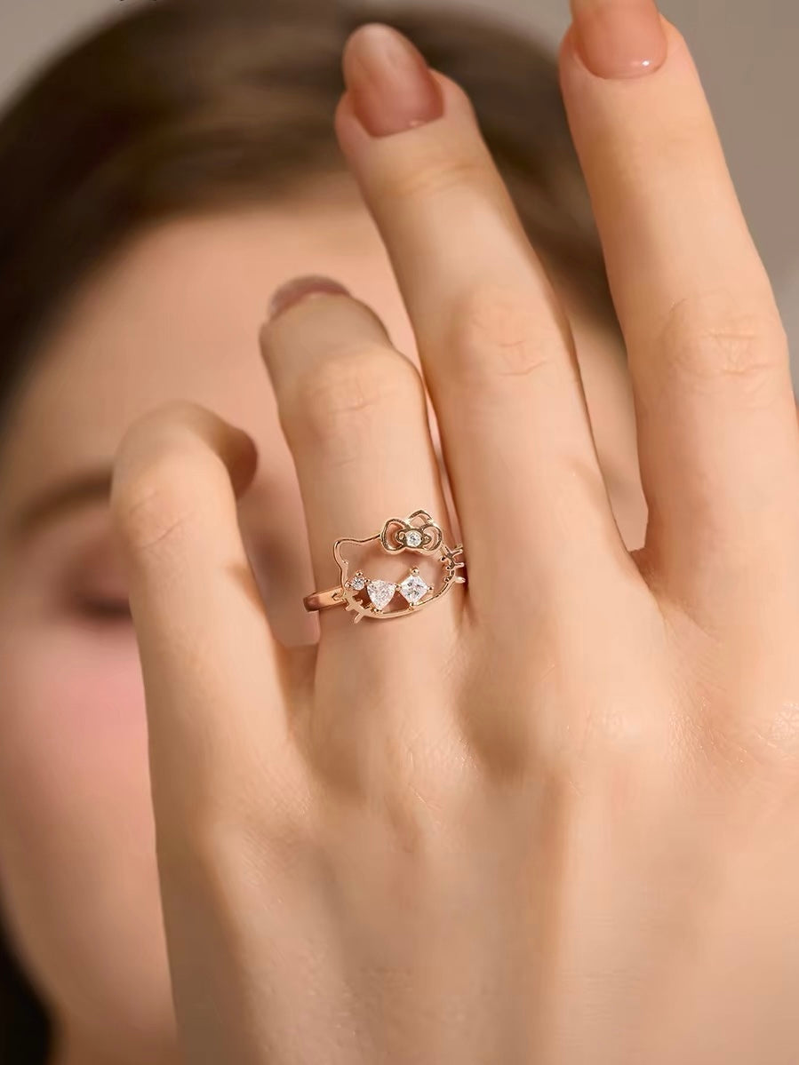 Hellokitty Hollow-cut Zirconia Rose Gold Color Silver Open Ring（gift box packaging）