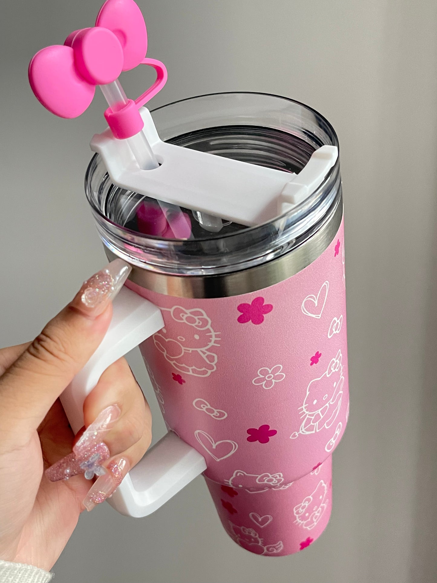 SipSweetie｜Hellokitty Pink In-Car Insulated Cup 1200 ml Tumbler with Handle Stainless Steel Insulated Cup with Lid #0019