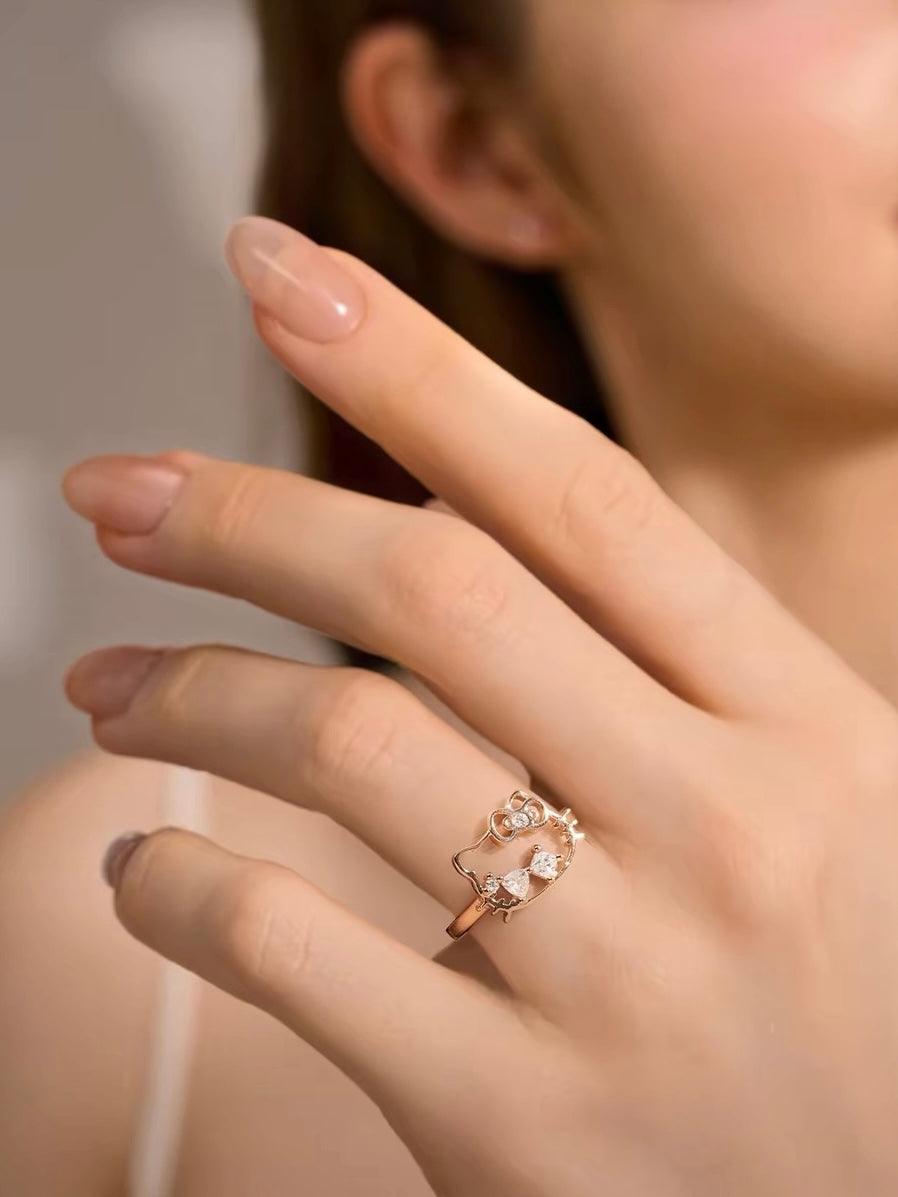 Hellokitty Hollow-cut Zirconia Rose Gold Color Silver Open Ring（gift box packaging）