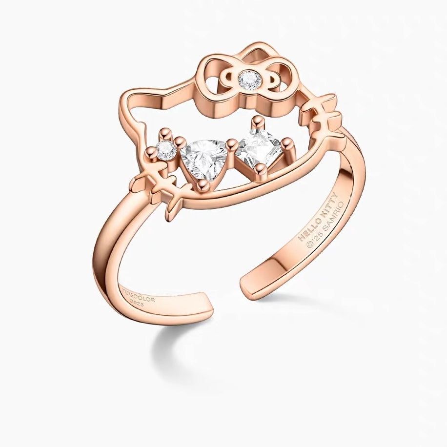 Hellokitty Hollow-cut Zirconia Rose Gold Color Silver Open Ring（gift box packaging）