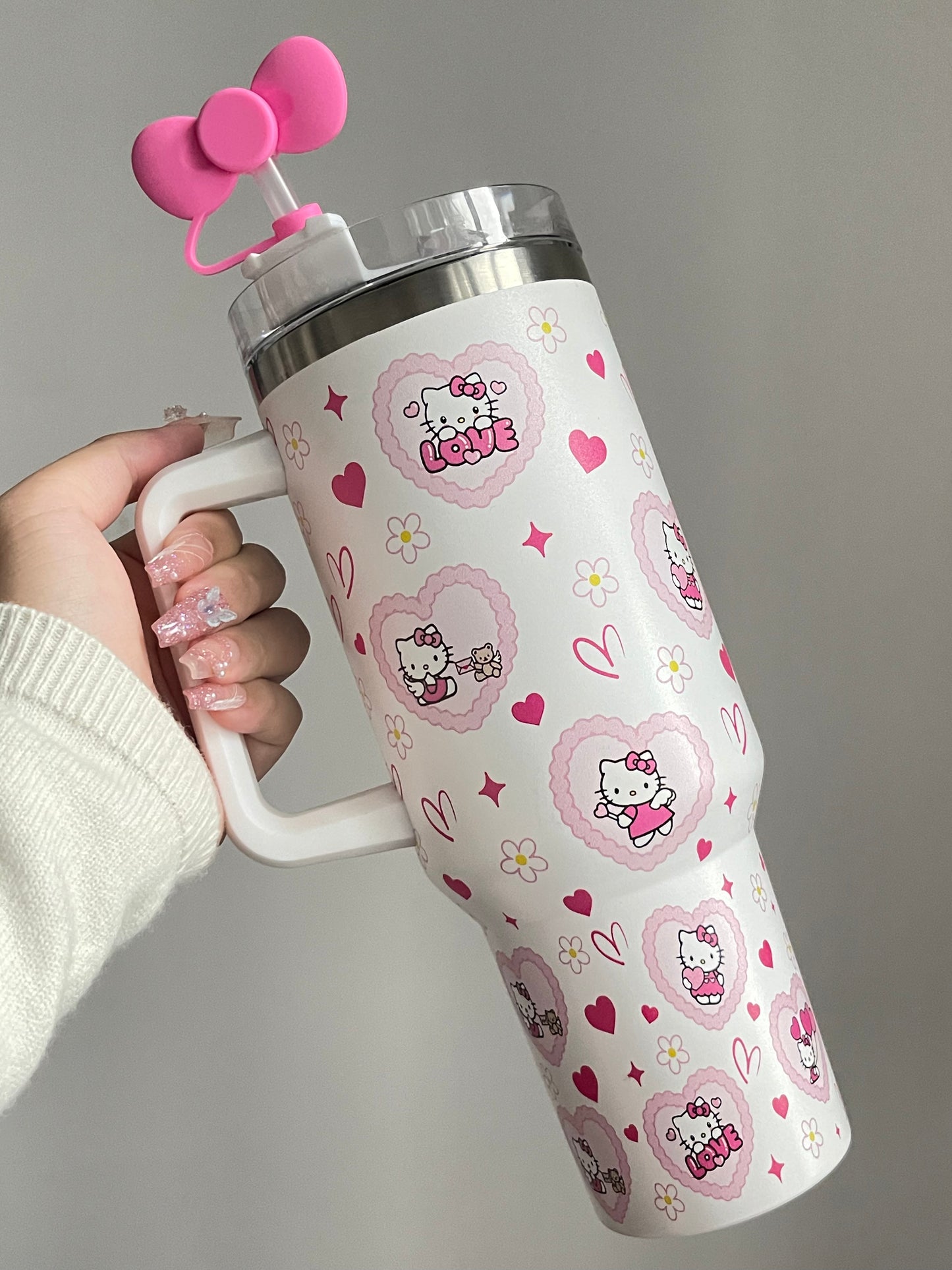 SipSweetie｜Hellokitty Heart In-Car Insulated Cup 1200 ml Tumbler with Handle Stainless Steel Insulated Cup with Lid #0016