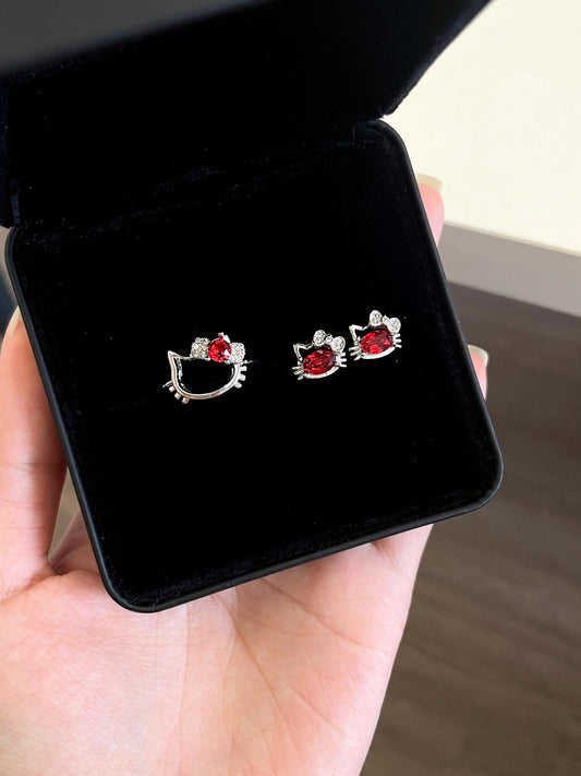 Hellokitty Silver Ring and Zirconia Earrings