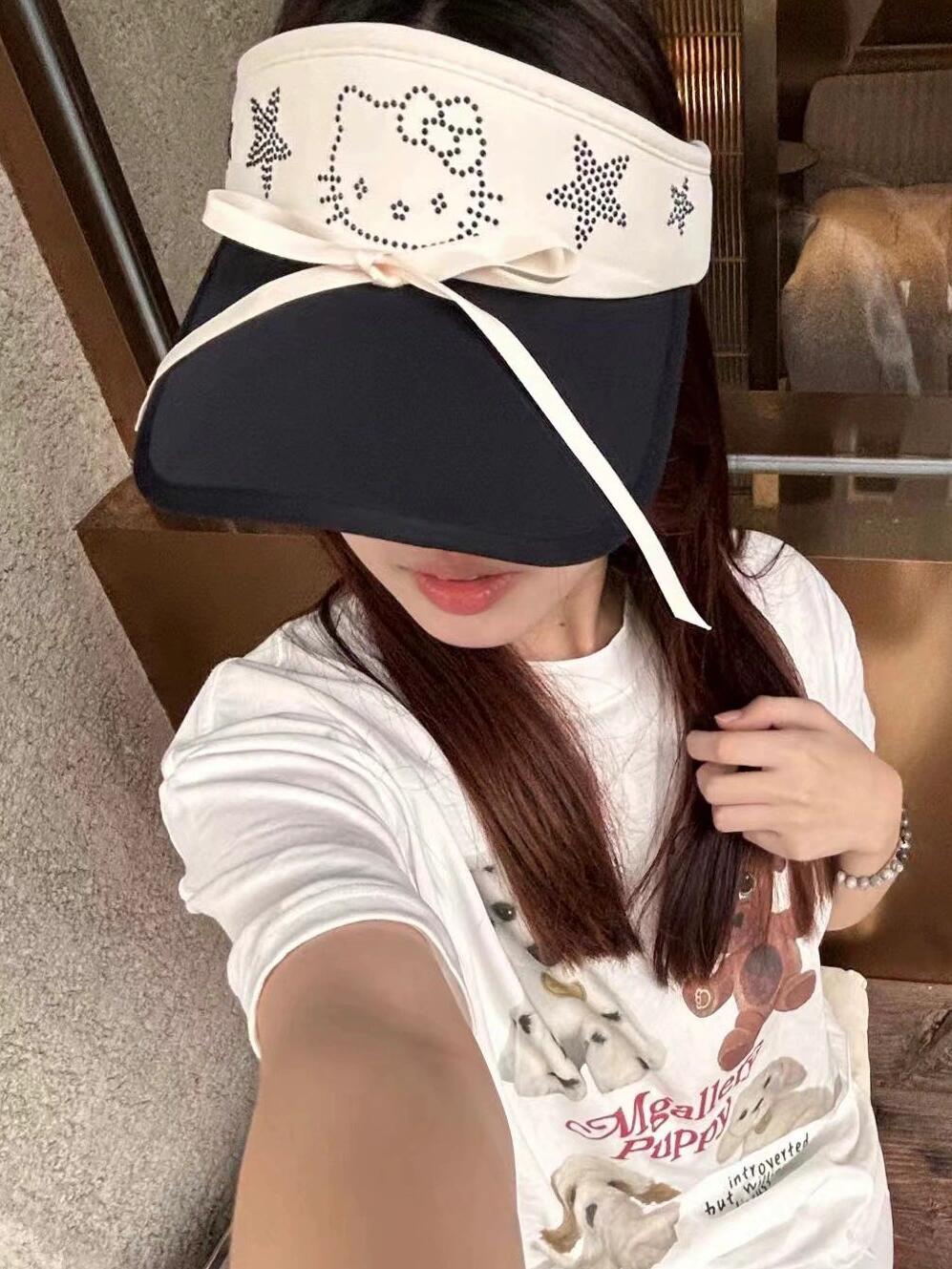 Hellokitty Rhinestone Sun Hat Women Sun Beach Visor Cap UV Protection with Wide Brim for Sports Beach Golf Hiking