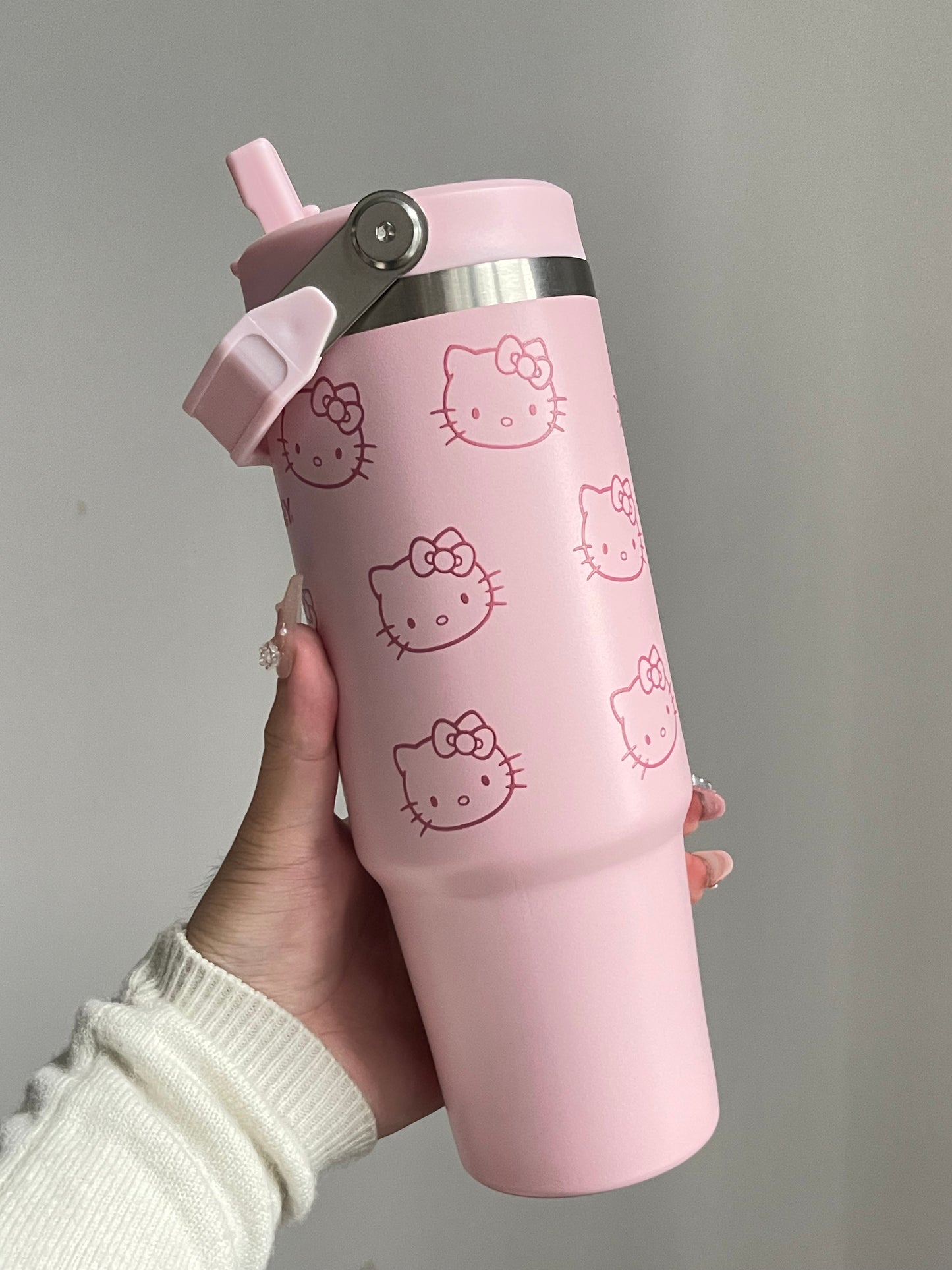 SipSweetie｜Hellokitty Rose Quartz Stainless Steel Tumbler with Straw - Vacuum Insulated Water Bottle for Home Office or Car Reusable Cup Leak Resistant Flip #0010