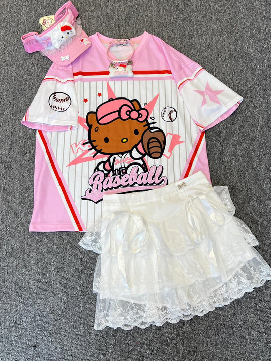 Hellokitty Cute Baseball Jersey Baseball Shirts Sports Uniform Summer Loose Short Sleeve Tops T-Shirts