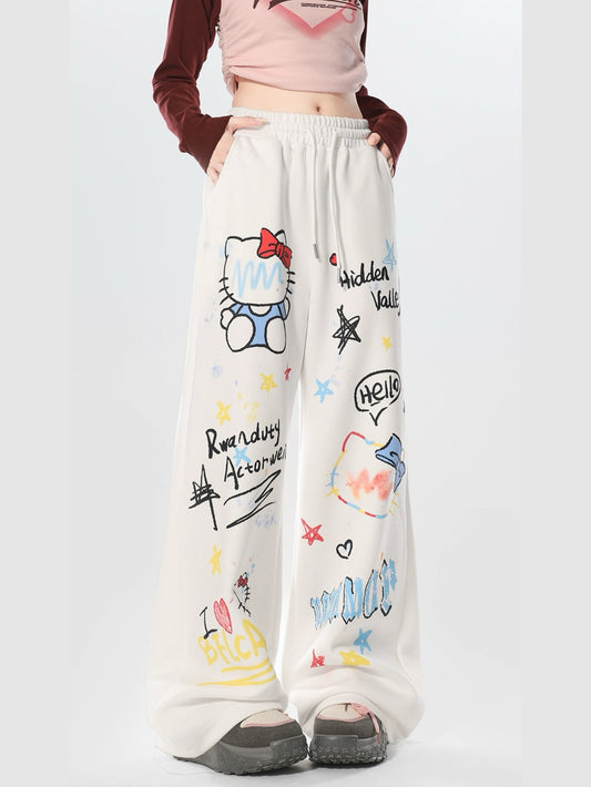 Hellokitty Women's Drawstring High Waisted Wide Leg Long Pants Casual Sweatpants