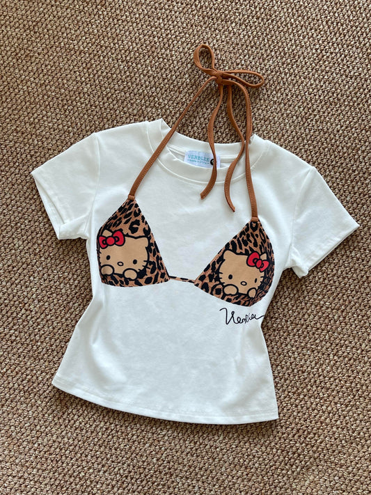 Hellokitty Tie Leopard Bikini Print Short Sleeve Y2k T Shirt Short Sleeve Tops