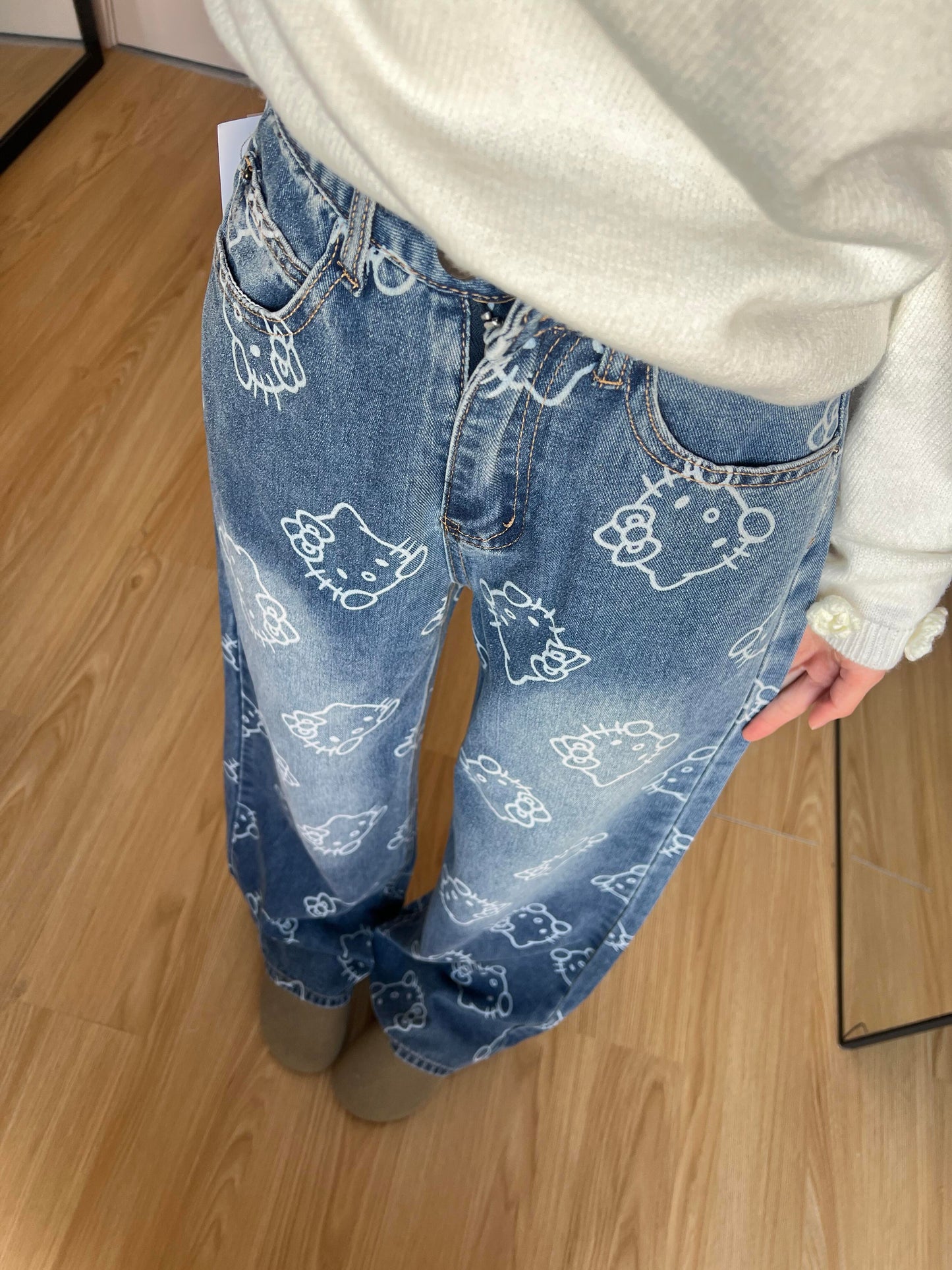 Hellokitty Pocket Embroidery Wide Leg Jeans High Waist Baggy Jeans for Women Loose Boyfriends Jeans Denim Pants