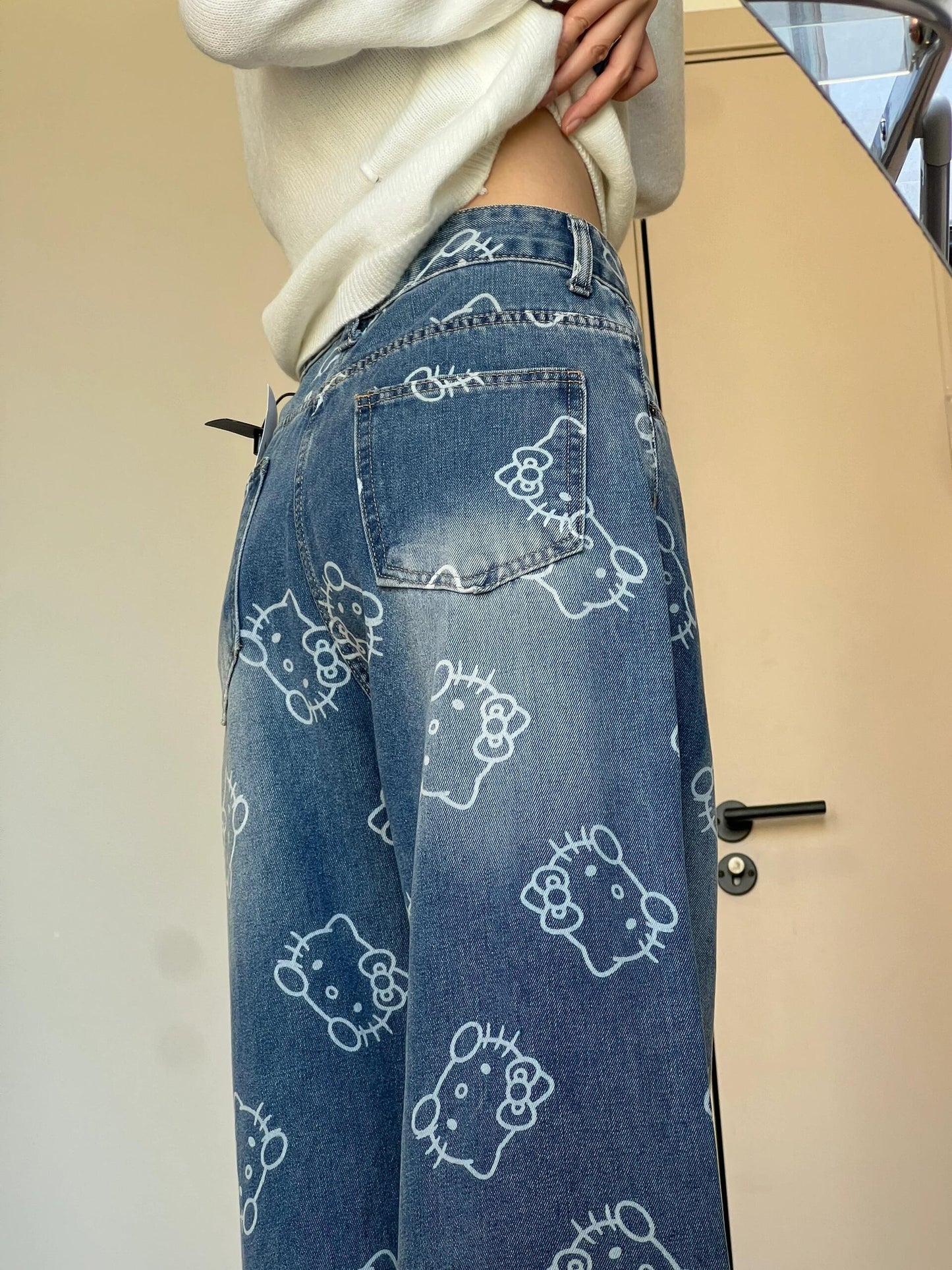 Hellokitty Pocket Embroidery Wide Leg Jeans High Waist Baggy Jeans for Women Loose Boyfriends Jeans Denim Pants