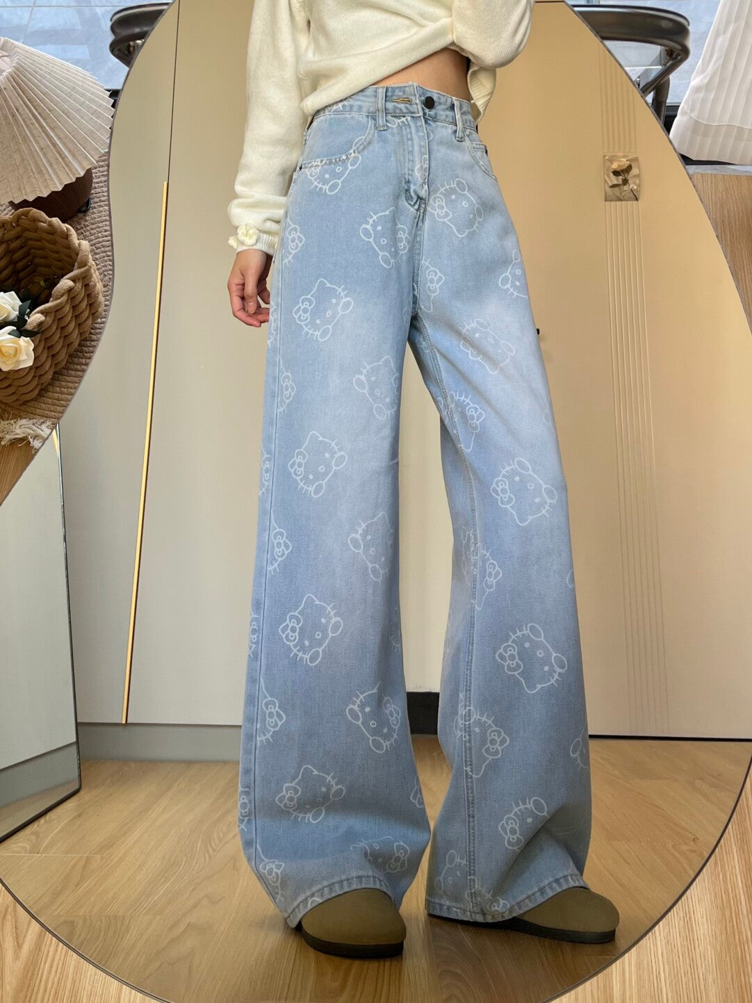 Hellokitty Pocket Embroidery Wide Leg Jeans High Waist Baggy Jeans for Women Loose Boyfriends Jeans Denim Pants